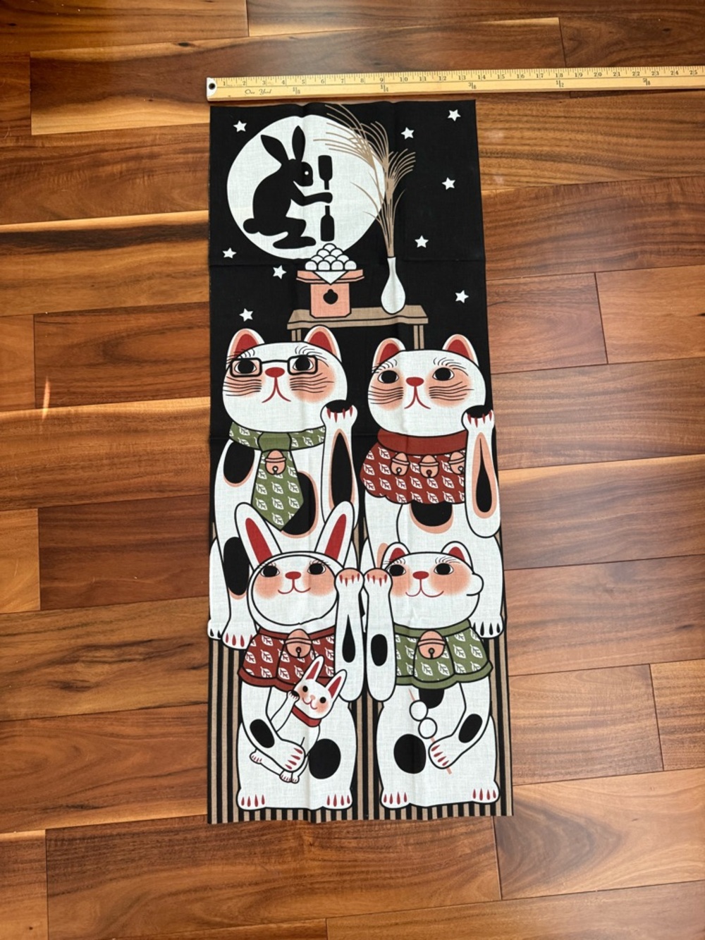 Japanese Tenugui Cotton Cloth Tapestry: Lucky Cats & Rabbit EPCOT Souvenir